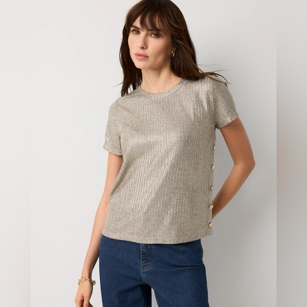 White House Black Market Metallic Ribbed Knit Shell - Silver Taupe - Picture 4 of 8
